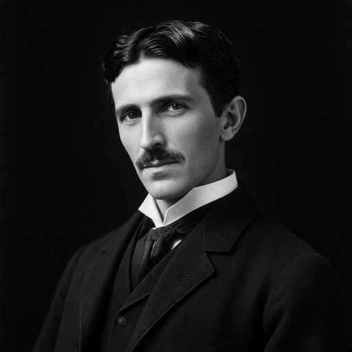 AI-generated black-and-white portrait in the likeness of Nikola Tesla: a man with dark centre-parted hair, a moustache, a high white collar and a dark suit.