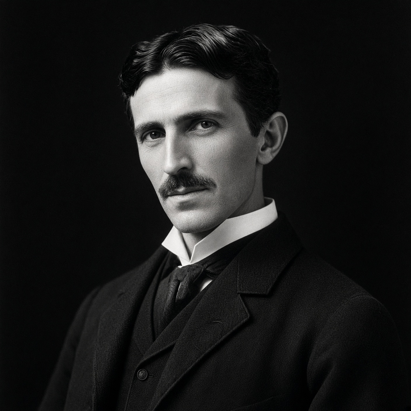 Realistic black-and-white portrait of Nikola Tesla in a dark suit, supplied as a visual reference for the fictional educational guide.